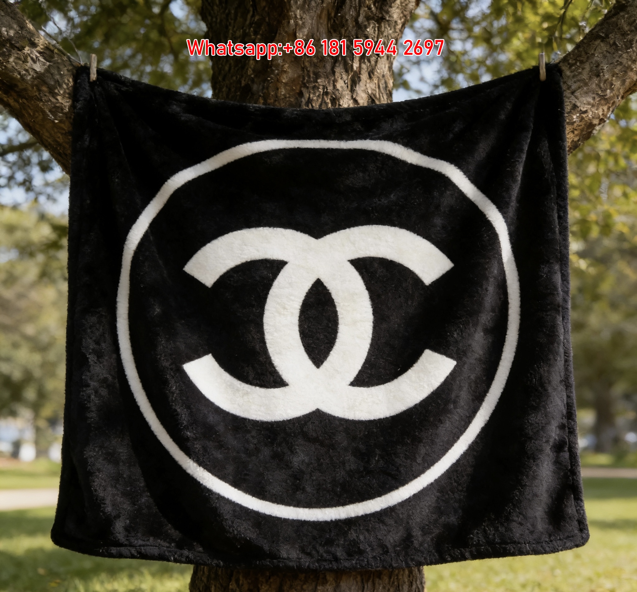 Chanel Classic White CC Logo Black Flannel Sofa Throw Blanket IMG_6710